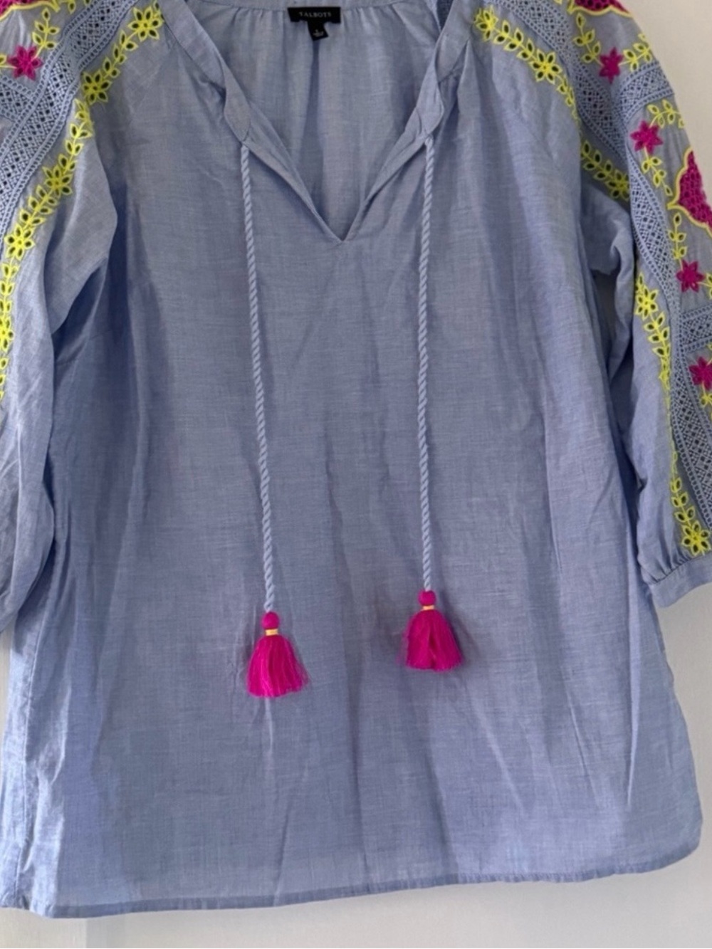Talbots Light Blue Peasant Blouse with Fuchsia Tassels and Neon Embroidery